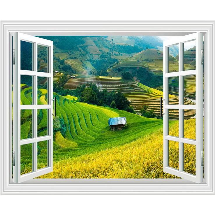 Tranh dán tường cửa sổ 3D Kích thước 150 x 90 hình ruộng bậc thang
