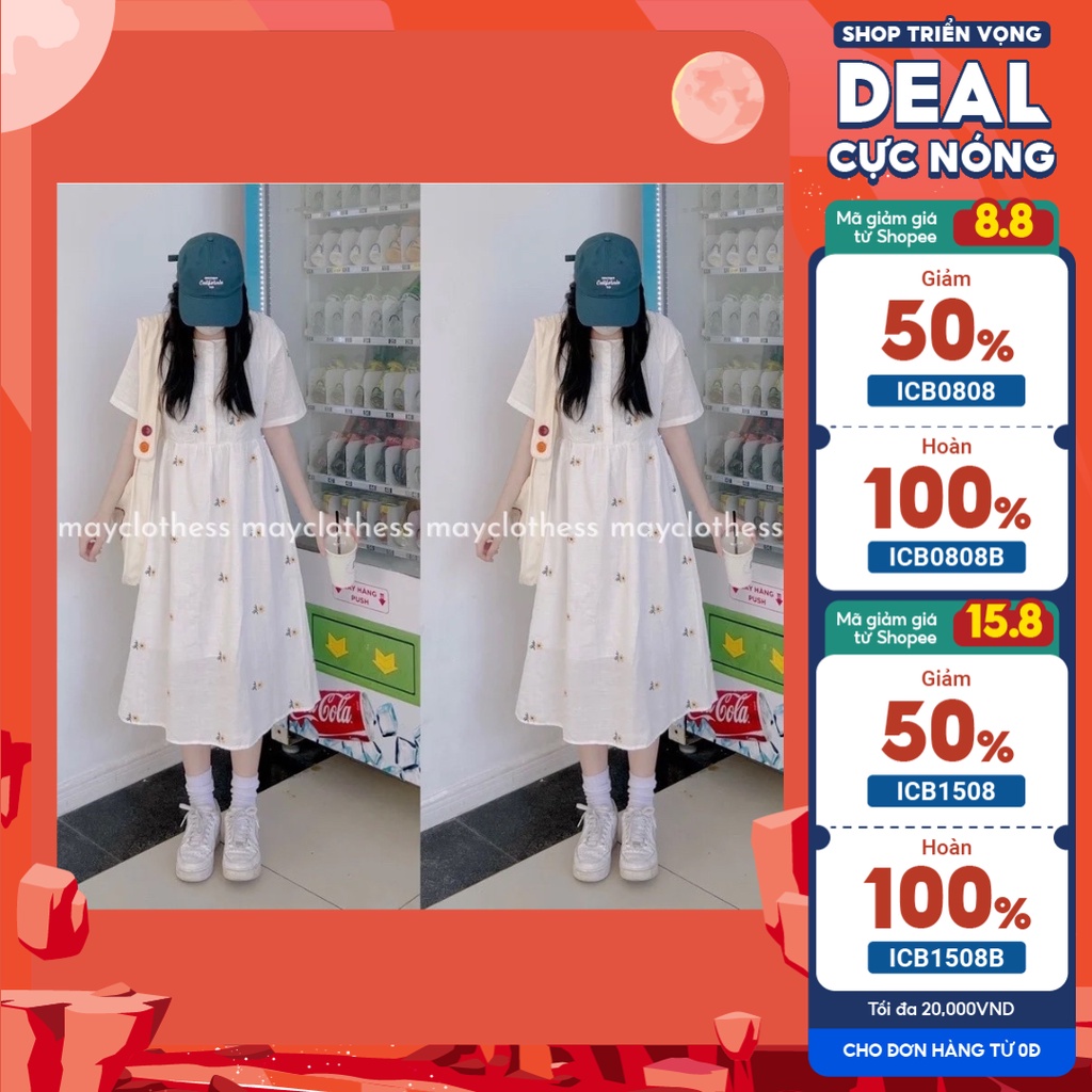 Đầm - Váy babydoll cộc tay hoa cúc thêu có cúc ngực