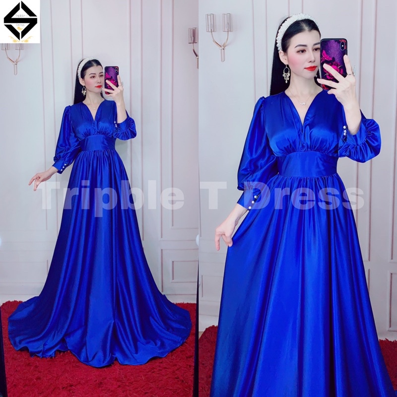 Đầm maxi dạ hội TRIPBLE T DRESS tay dài bo cổ tay xẻ đùi - size M/L - MS415V