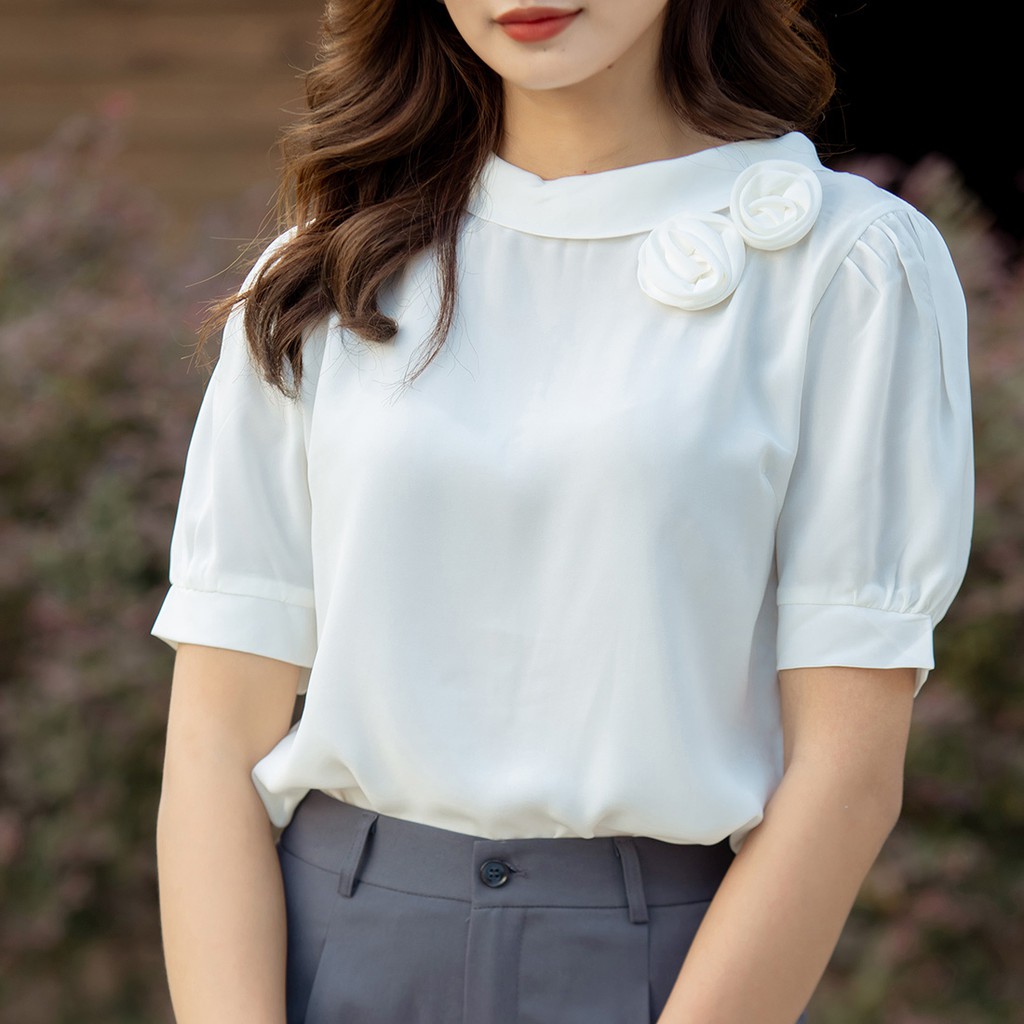 Áo kiểu nữ công sở sơ mi thời trang Eden cổ lọ phối nơ tay ngắn chất liệu mềm mịn thoáng mát - ASM156