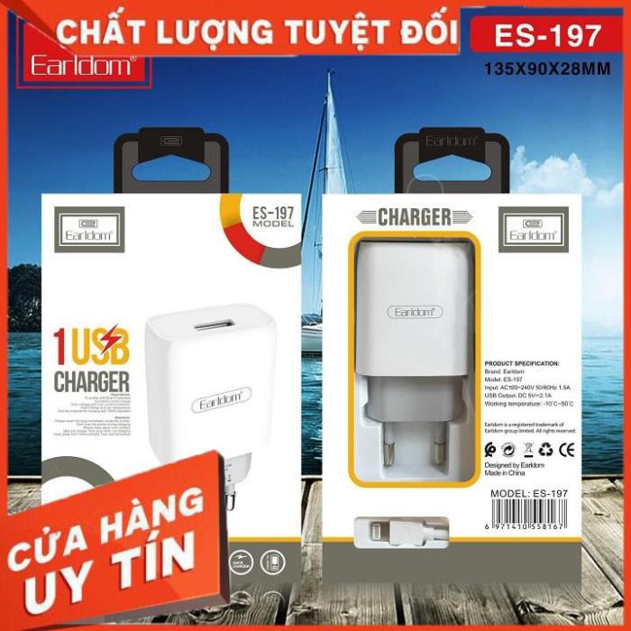 Bộ sạc cáp nhanh Earldom ES197 Chính Hãng 1 ổ cắm USB dành cho Iphone Samsung Ipad - BH 1 Năm
