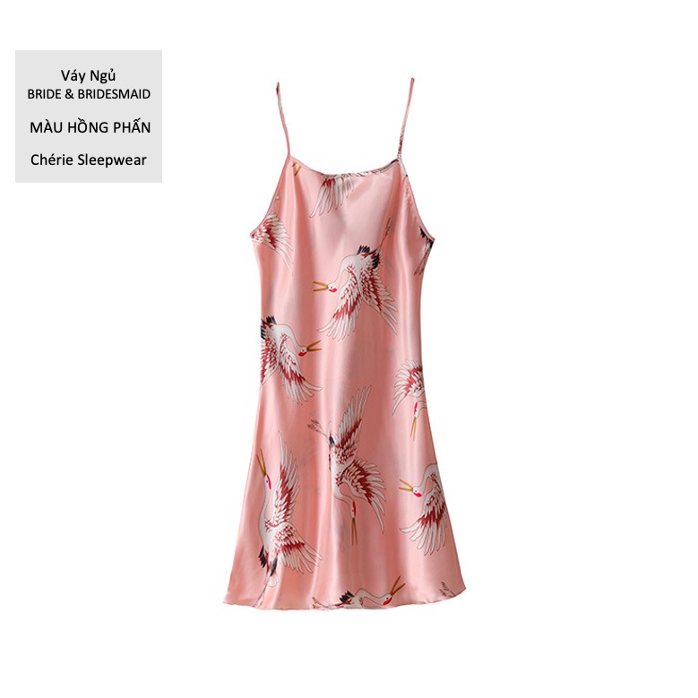 Váy ngủ Đầm ngủ hoạ tiết flamingo hồng hạc lụa satin loại dày dặn dễ thương đồ mặc ở nhà cổ ngang