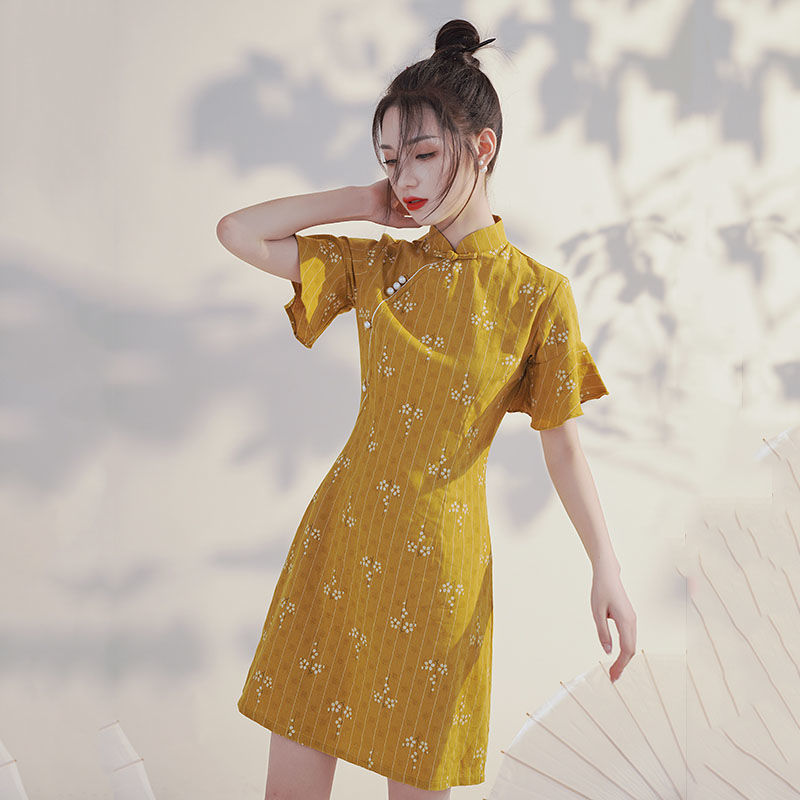 Đầm Sườn Xám Cách Tân Màu Vàng Phong Cách Trung Hoa Cho Nữ 2021