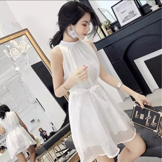 Váy đầm chữ A xoè sát nách thắt đai eo họa tiết ngôi sao hẹn hò dự tiệc siêu xinh