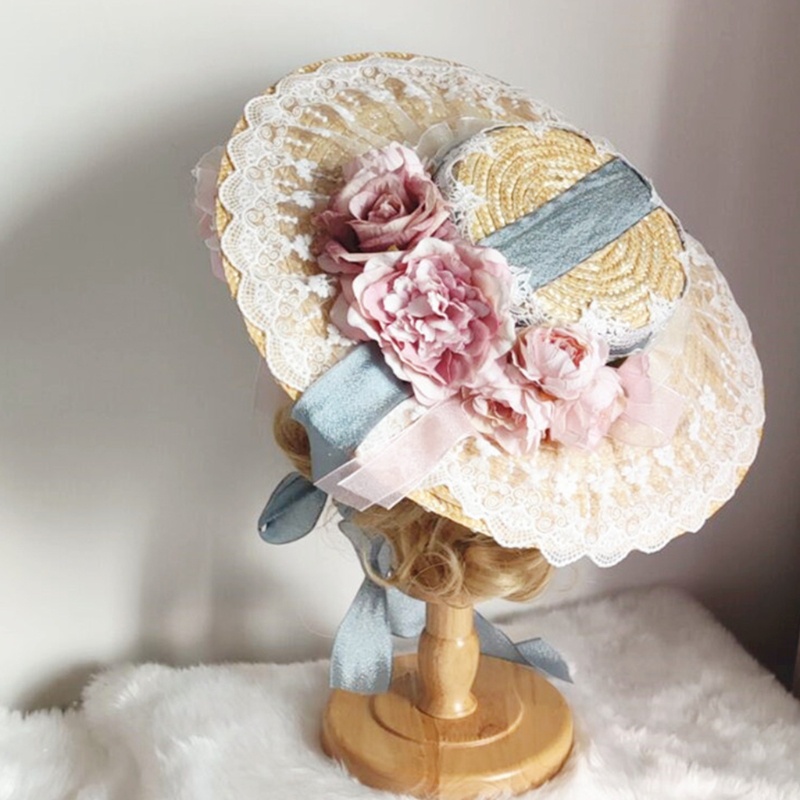 Mũ Cói Che Nắng Phối Ren Hoa Phong Cách Lolita Cổ Điển Cho Nữ