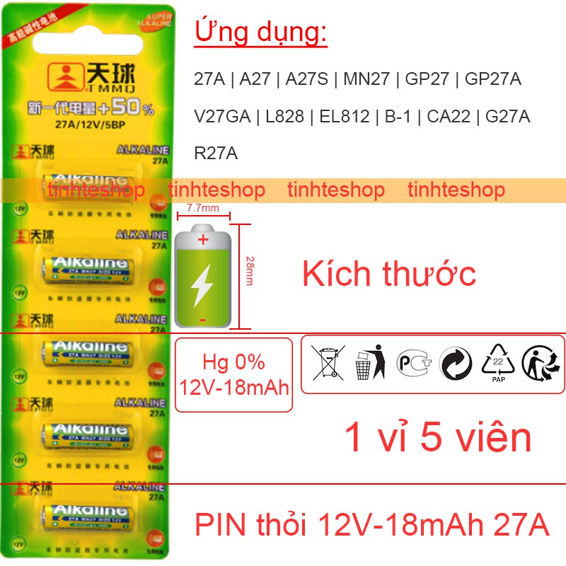 Pin 27A A27S MN27 GP27 GP27A V27GA L828 EL812 B-1 CA22 G27A R27A Tianqiu cho Điều khiển cửa cuốn Chuông cửa 1 vỉ 5 viên