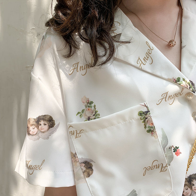 Áo sơ mi BH tay ngắn cổ chữ V in hình thiên thần phong cách retro Nhật Bản cao cấp