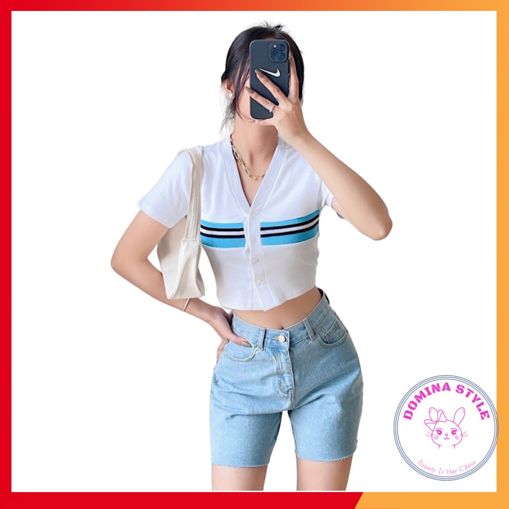 Áo croptop polo sọc ngang ngực kèm video thật domina182