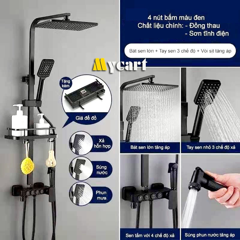 Bộ sen cây tắm đứng, Vòi tắm đứng Đồng sơn tĩnh điện 4 phím bấm màu đen cap cấp