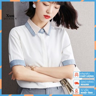 Áo sơ mi nữ trắng cộc tay Xuu Design áo sơ mi kiểu nữ công sở cổ đức phối màu giấu cúc Xuu Design [SP21 cộc tay] thumbnail