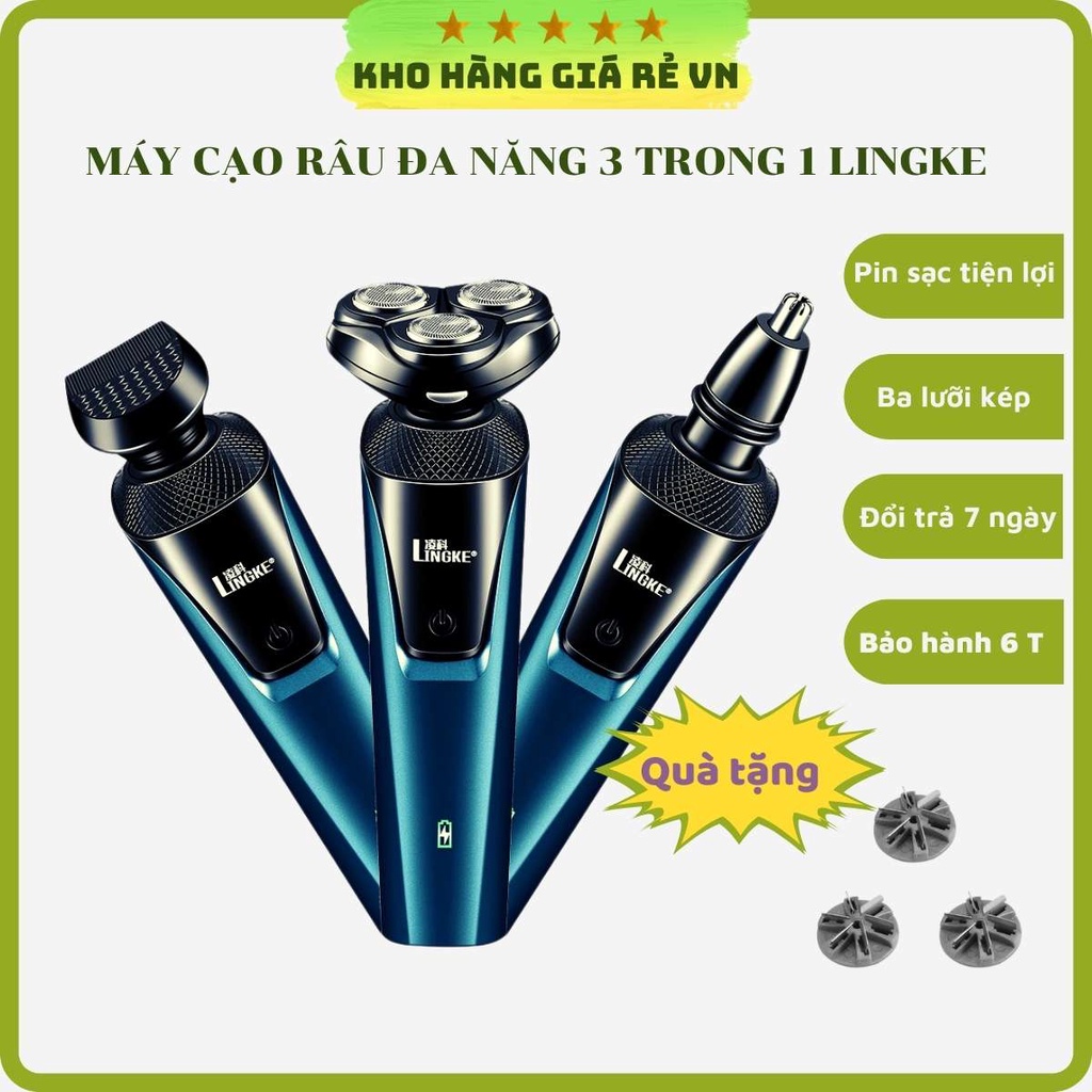 Máy cạo râu đa năng 4D 3in1 chính hãng Lingke có đèn led, 3 đầu tỉa lông mũi, tông đơ, cạo râu thay đổi dễ dàng