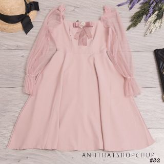 Đầm xòe cổ vuông phối tay lưới