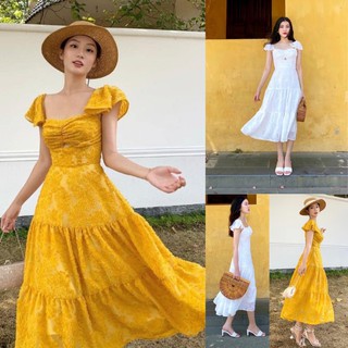 Đầm maxi vàng dự tiệc, Đầm xòe dài Cao Cấp chất liệu lông vũ tay ngắn cổ rộng, nữ tính trang trọng - MiNhi
