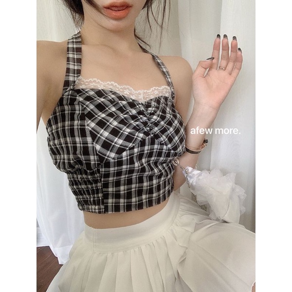 （Sẵn) Áo croptop dây yếm cột nơ phối viền ren hoạ tiết kẻ ca rô