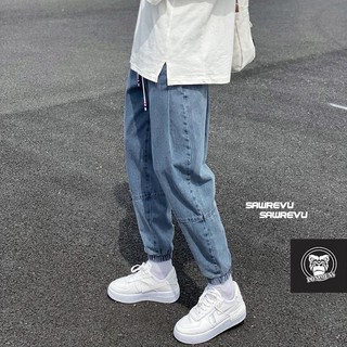 Quần jogger jean nam nữ màu xanh bó gấu lưng chun phong cách Hàn Quốc hot trend 2020