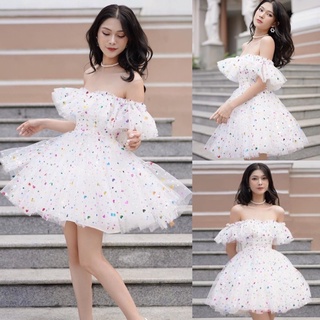 Đầm xoè trễ vai lưới kim sa công chúa