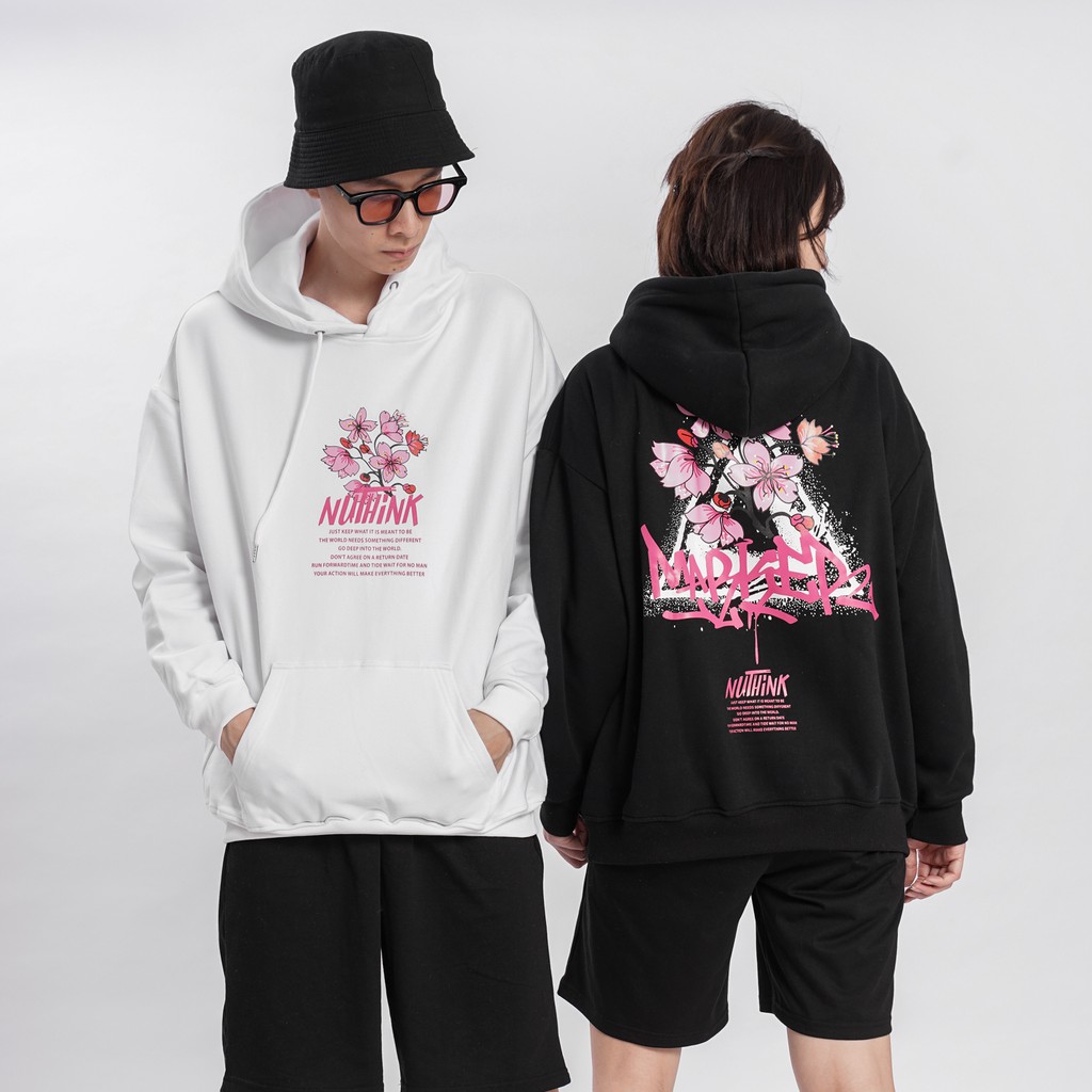 Áo mũ Hoodie Nuthink Flower Unisex N7 nỉ bông in họa tiết cặp đôi nam nữ Oversize Ulzzang thu đông form rộng 2 màu