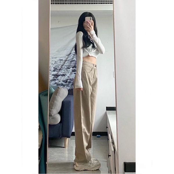 Quần Jean Ống Rộng Lưng Cao Màu Nâu Phong Cách Vintage