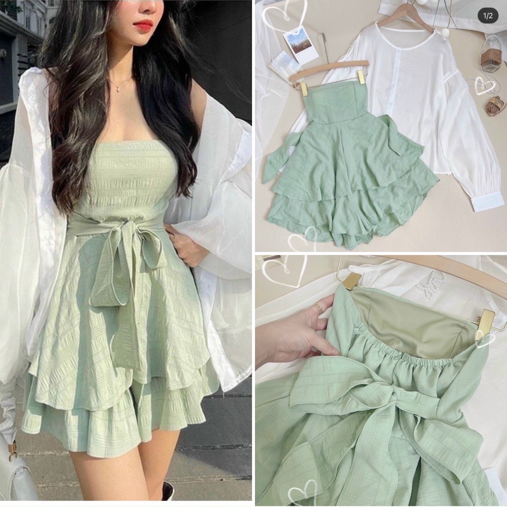 Set jump xanh mint + áo khoác trắng phong cách dạo phố năng động sexy