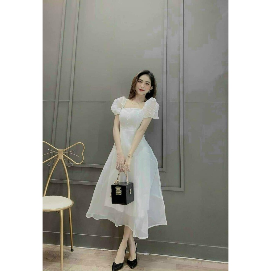 Đầm xòe tay phồng công chúa phối nút ngực chất tơ siêu xinh
