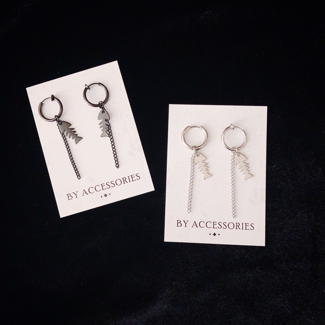 Bông tai titan unisex xương cá phối xích ko gỉ có loại kẹp ko bấm tai UE190911