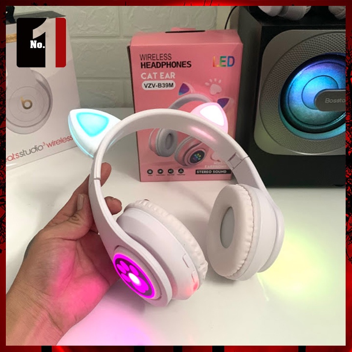 Tai nghe chụp tai Bluetooth mèo cute, headphone chân mèo không dây dễ thương, tai phone gaming có mic, đèn led siêu đẹp