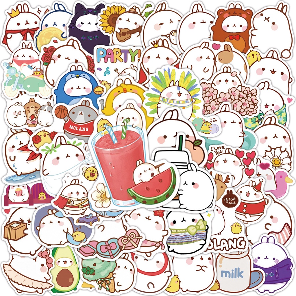 Set 50 chiếc sticker chống nước THỎ MOLANG 2 dán mũ bảo hiểm, laptop, vali, ốp lưng, đàn guitar, xe máy