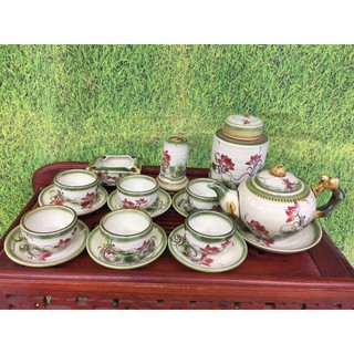 Ấm chén Bát Tràng vẽ hoa đào, Bộ ấm chén pha trà gốm sứ Bát Tràng xinh yêu