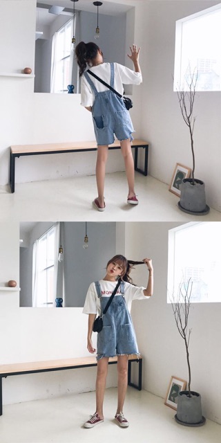 (Order-ảnh thật) có bigsize Quần yếm jeans lửng rách đùi phối 2 túi ullzang 2019 | BigBuy360 - bigbuy360.vn