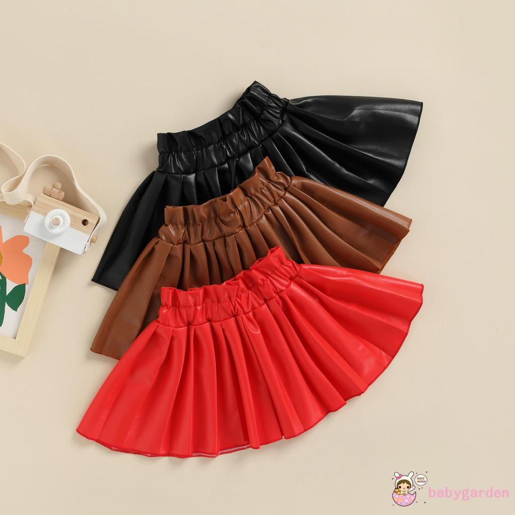 Chân váy xếp ly lưng thun giả da màu trơn cho bé gái 1-6 tuổi