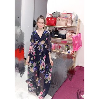 Hình Thật Đầm Maxi Hoa Đắp Chéo Tay Dài 2 Lớp Chất Voan Lụa Màu Như Hình