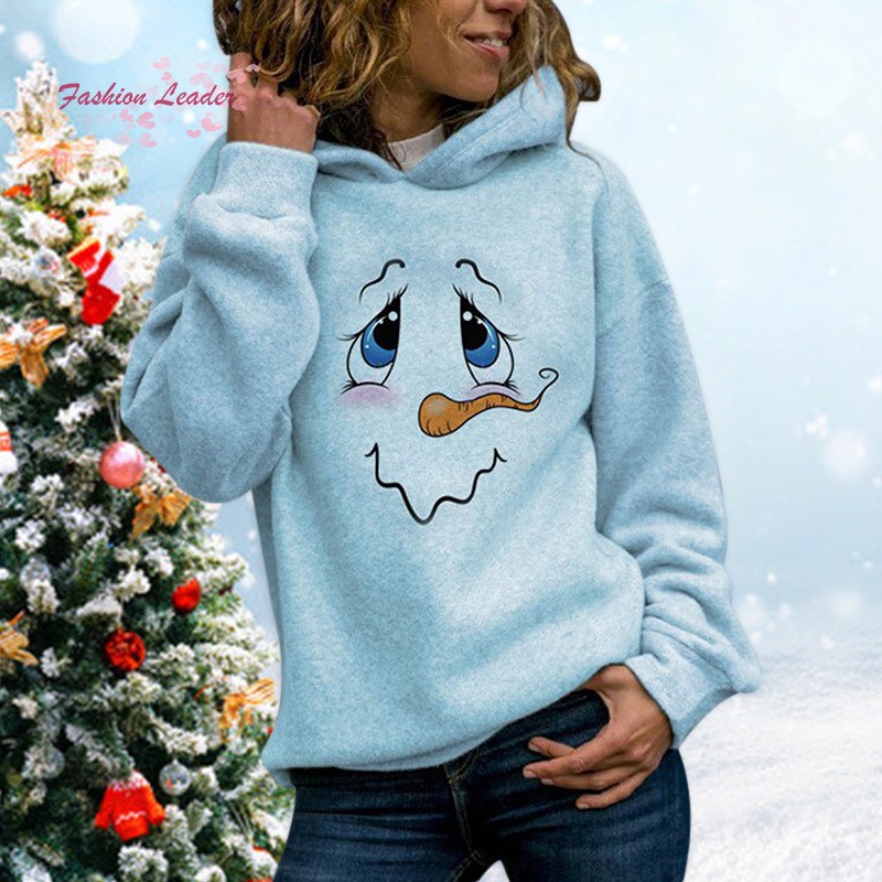 Snowman Face Print Long Sleeve Hoodies Women Men Casual Warm Hooded Sweatshirt