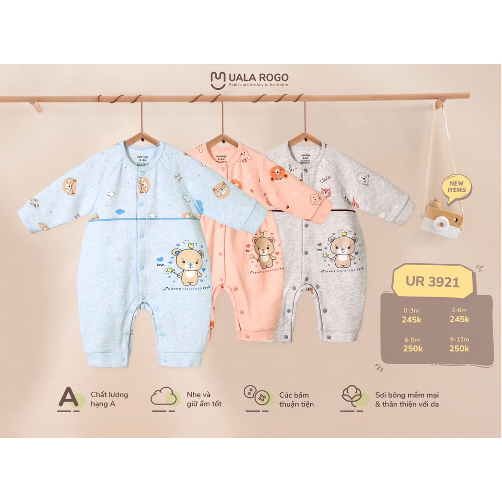 Bodysuit cho bé sơ sinh Uala rogo 0-1 tuổi cotton nỉ nhẹ ấm áp gọn gàng cúc bấm giữa áo liền quần 3921