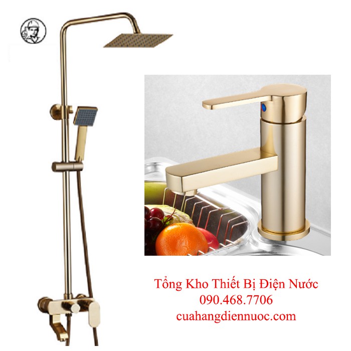 Combo bộ sen cây vàng ánh kim kèm vòi chậu lavabo đính đá cao cấp