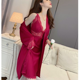 Set váy ngủ lụa và áo choàng ren cao cấp
