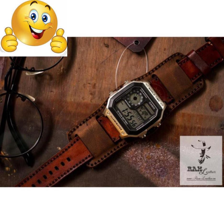 (MUA 1 ĐƯỢC 5) DÂY ĐỒNG HỒ TRỒNG ĐỒNG CASIO AE1200 DA BÒ THẬT BUNDSTRAP B2+T LIGHT BROWN .