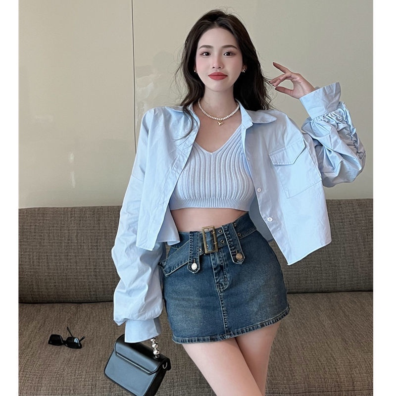 Áo Sơ Mi Tay Dài Dáng Rộng Cổ Polo Màu Xanh Dương Phong Cách Phương Tây Thời Trang Mùa Hè Mới 2022 Dành Cho Bạn Nữ