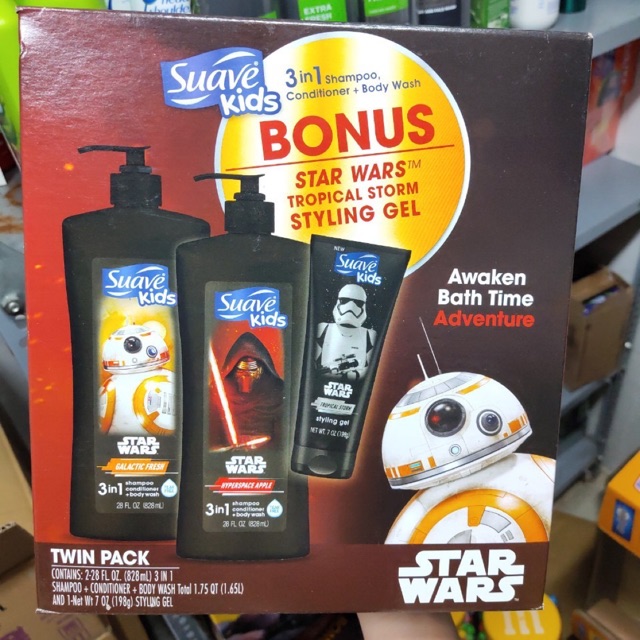 Set Suave kids mẫu mới trong bộ sưu tập Star Wars 828 ml x 2 chai sữa tắm gội xả và gel vuốt tóc cho bé trai