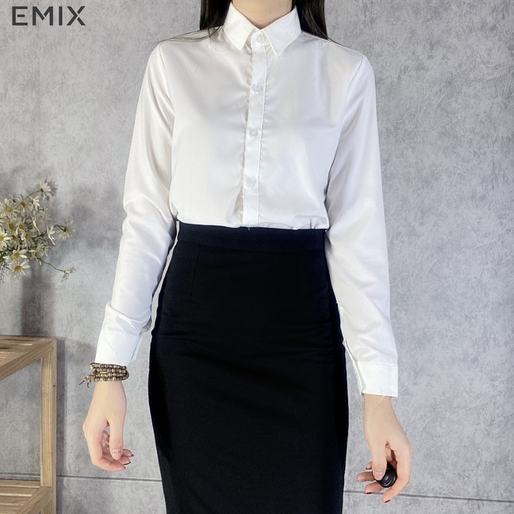 Áo sơ mi nữ công sở EMIX (màu trắng), dài tay, form rộng, cổ sơ mi, chất lụa thô mềm mịn, không nhăn, không lộ a65