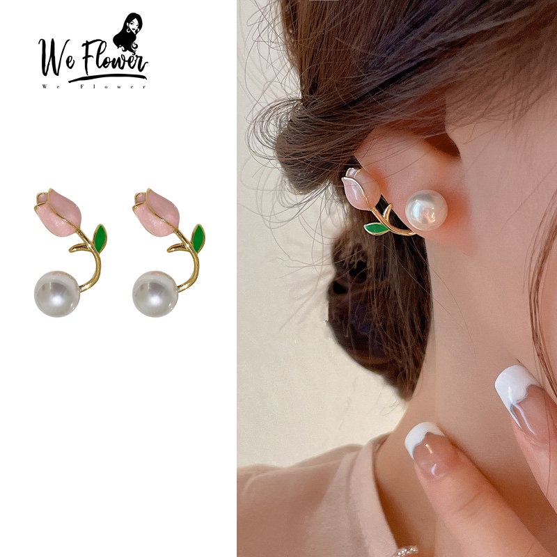 Đôi khuyên tai WE FLOWER mạ bạc 925 thiết kế hoa tulip đính hạt ngọc trai nhân tạo thời trang Hàn Quốc dành cho nữ
