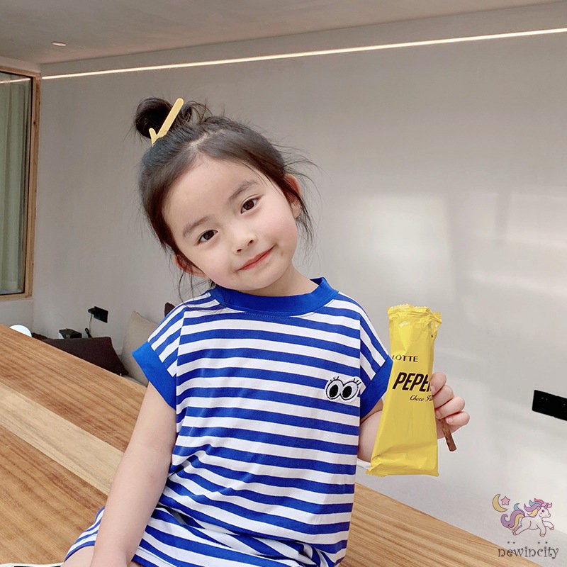 Đầm Ngắn Tay Kẻ Sọc Phong Cách Hàn Quốc Thời Trang Mùa Hè Cho Bé Gái