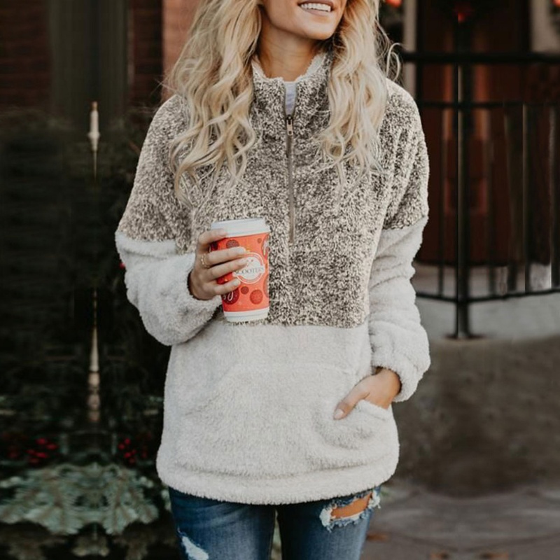 Áo Khoác Lông Cừu Tay Dài Có Khóa Kéo Phối Túi Màu Sắc Tương Phản Xinh Xắn Cho Nữ