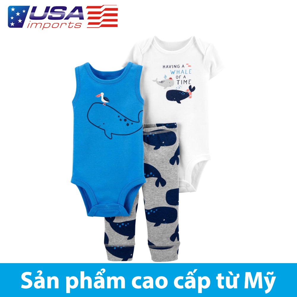 Set 3 món bodysuit sát nách kèm quần hoạ tiết cá voi Car-tờ Auth Từ Mỹ (1K442910)