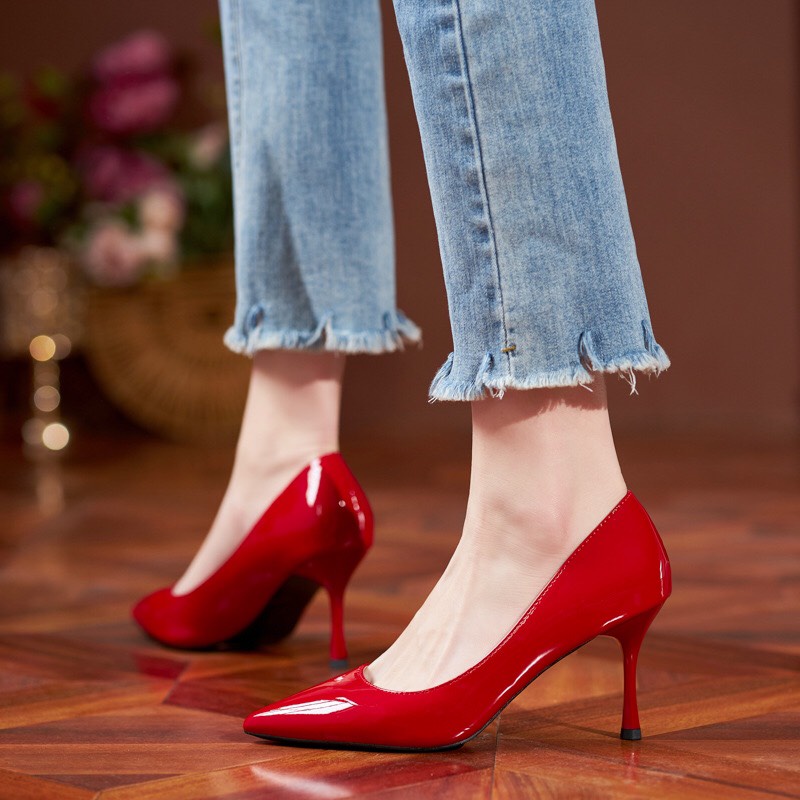 Giày Cao Gót Nhọn Da Bóng Mềm Size 31 32 33 Thời Trang Nữ Xuân Thu Hàng Quảng Châu Cao 7cm