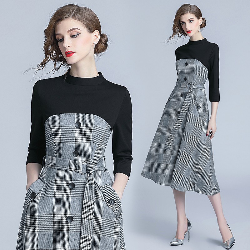 Women's Fashion High Quality Midi Paneled Check Dress With Belt