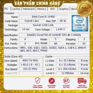 (giá khai trương) Bộ vi xử lý i5 10400 cũ. CPU Intel Core i5-10400 2.9 GHz up to 4.3 GHz, 6 nhân 12 luồng Socket 1200