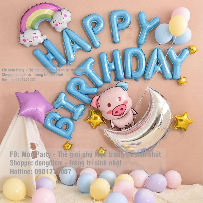 Set bóng sinh nhật chủ đề heo xanh Mon Party trang trí sinh nhật cho bé tuổi lợn tặng kèm bơm và băng dính