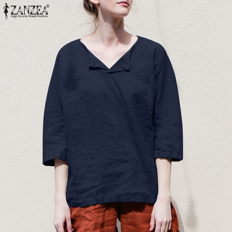 Áo nữ ZANZEA tay 3/ 4 cổ chữ V dáng rộng thời trang châu Âu