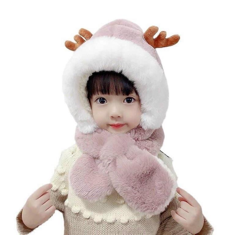 Khăn Mũ Lông Cừu  Giữ Nhiệt -Mũ lông cừu tai tuần lộc kèm khăn quàng cổ Hàn Quốc cho bé mùa thu đông*