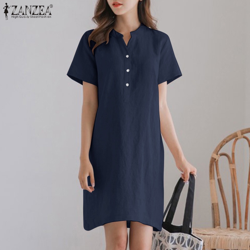 Zanzea Đầm ôm Ngắn Tay Cổ Tròn Form Rộng Màu Trơn Thời Trang